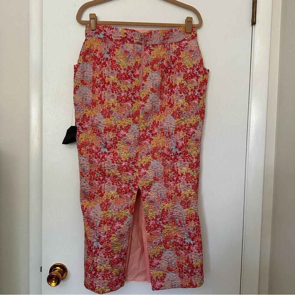 Lulus Ellarina Metallic Floral Jacquard Pencil Skit Womens Large Pink New